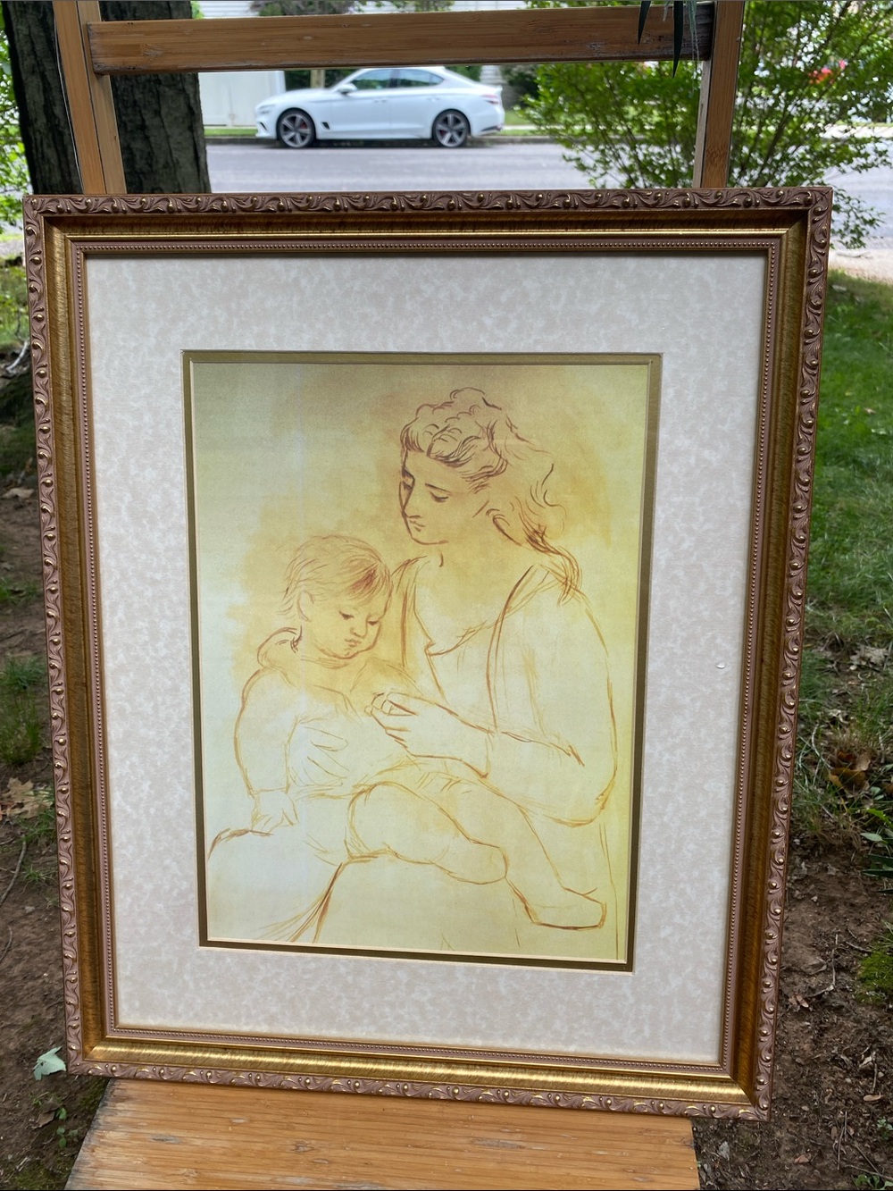 Framed Mother and Child Sketch Wall Art - Gold Frame, White Mat